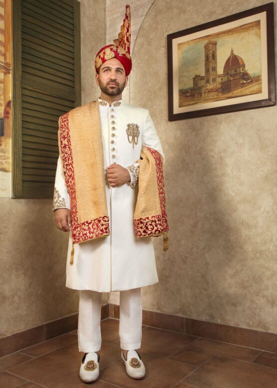 White Embroidered Wedding Sherwani